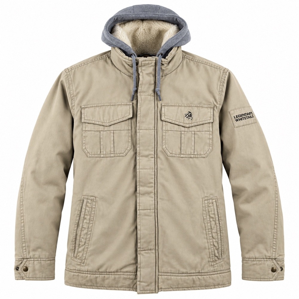 Legendary Whitetails Canvas Hooded Field Jacket Mens Large Khaki Plaid Lined